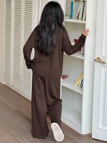 DAZY 青少年女孩休闲家居服睡衣，秋季 - 咖啡棕 - 查看 6