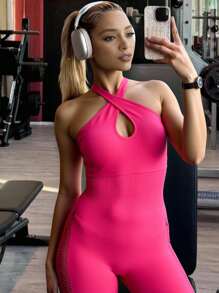 Innovista Hot Pink Summer Sexsy Woman Seamless Workout Jumpsuit Built-In Bra Gym Stretchy Yoga Romper Backless Mesh Cutout Breathable Tummy Control Workout Suit - Hot Pink - View 4