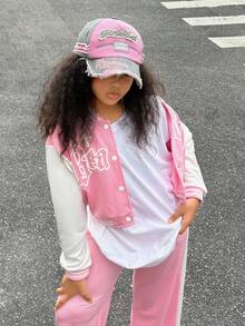 SHEIN Explorewe 2pcs/Set Tween Girls Pink Autumn Casual School Back-To-School Loose 3D Embroidery Patchwork Contrast Color Jacket With Sports Pants,Daily Commuting - Pink - View 1