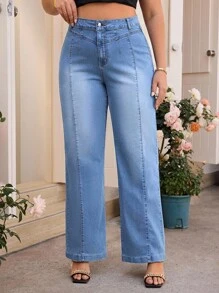 SHEIN Tall CURVE 大码女式高腰阔腿宽松休闲百搭牛仔裤 - 藍色 - 查看 1
