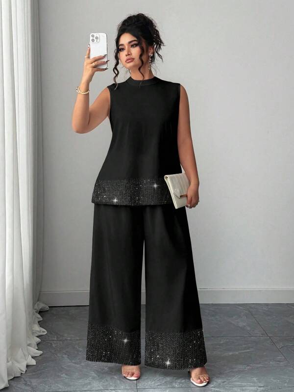 Elenzga Plus Size Sequin Elegant Camisole And Pants 2 Pieces Set