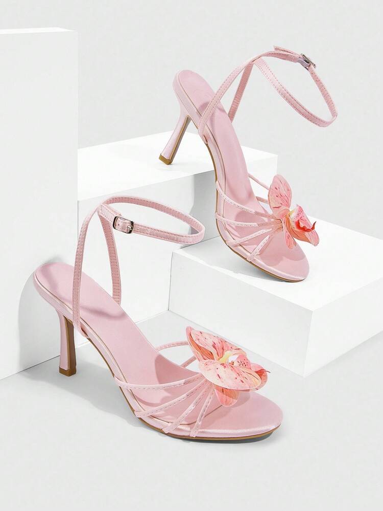 CUCCOO CHICEST Women's Elegant Peep Toe Ankle Strap High Heel Sandals, Floral Embellished Faux Leather Shallow Pink Heels For Summer, Suitable For Afternoon Tea, Date, Party, Vacation