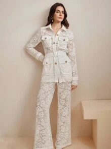 Anewsta Bộ quần áo blazer dài tay và váy ren khoét sâu thanh lịch dành cho nữ, Xuân/Hè - trắng - Xem 1