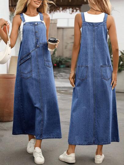 EMERY ROSE Women's Button Half Placket Pocket Casual Denim Pinafore Dress