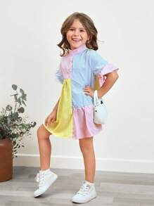 SHEIN Young Girl Striped Print Colorblock Flounce Sleeve Ruffle Hem Smock Dress