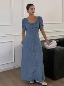 Livesso Vestido de mezclilla de verano con cuello cuadrado, mangas abullonadas y cintura ceñida