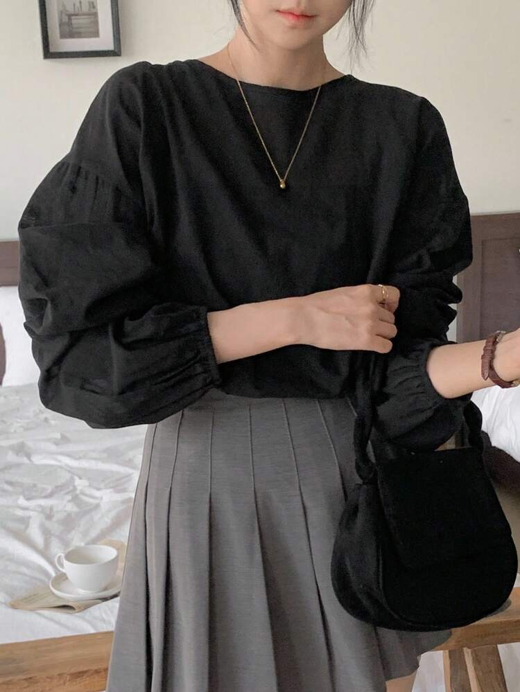 Women's Loose Casual Solid Black Shirt, Autumn/Winter