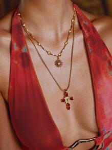 Glisma 18K镀金单件装纹理金属水钻立方氧化锆十字架心形吊坠，适合派对、休闲、音乐会/节日、夜店、婚礼、假日、度假、露营等场合，性感/优雅，夏季/海滩/舞会/多层/宝石/串珠/水晶，魅力十足/厚重/高级 - 紅色 - 查看 1