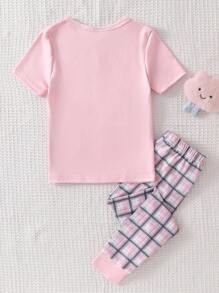 SHEIN Conjunto de pijama informal de 2 piezas para niñas jóvenes con estampado de nubes, estrellas y luna en color rosa, de manga corta y leggings - Rosa Pálido - Ver 2