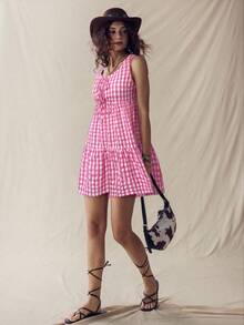 SHEIN LUNE 美国西部乡村度假航海风黑白格子蝴蝶结迷你连衣裙 - 淺粉色 - 查看 4
