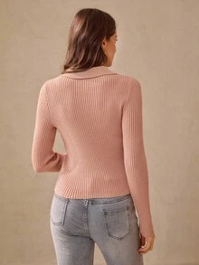 Wildy American Country Style Dusty Pink Autumn Casual Everyday Tight Fitted Polo Collar Half-Zip Slim Fit Pullover Sweater Ribbed Knit Top Button Down - Pink - View 6