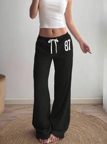 Sunnyshic Grey 87 Embroidered Low Waist Ribbed Contrast Color Drawstring Tie Slant Pocket Straight Leg Loose Casual Sweatpants, Suitable For Home, Daily, Street, Vintage Sports, Minimalist Design, Spring/Summer For Women Fall Cloth For Women - Black - View 6