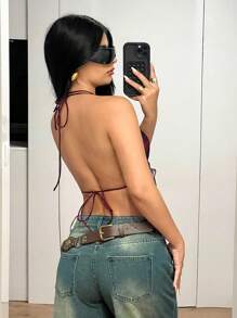 SHEIN ICON Parte superior roja de mujer con estampado de teñido anudado, con cuello halter y espalda descubierta - Rojo - Ver 2