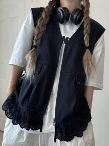 FRIFUL Veste sans manches décontractée pour femmes avec fermeture éclair et volant à l'ourlet, couleur unie