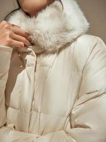 DAZY 女士优雅拼布毛领腰带厚垫长款大衣，秋冬 - 白色 - 查看 3