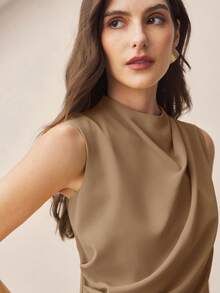 SHEIN BIZwear 卡其棕色立领露肩褶皱女式上衣，现代优雅都市通勤日常浪漫90年代复古风，适合圣诞节、新年、情人节、派对、海滩、毕业典礼、时尚、节日、假日、婚礼宾客、早午餐、机场等多种场合。 - 棕色 - 查看 3