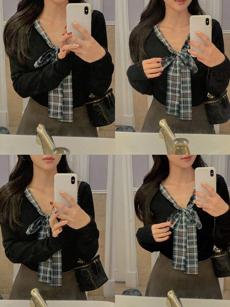 French Retro Elegant Bow V-Neck Short Knit Sweater Fall Plaid