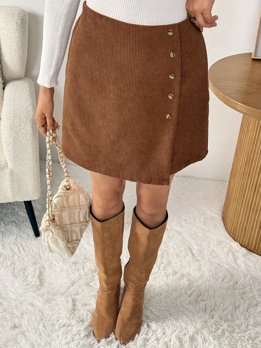 SHEIN LUNE 女式休闲纯色灯芯绒A字裙 - 棕色 - 查看 1