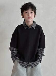 Dazy Kids 青少年男童宽松休闲格子拼接T恤，秋季款 - 黑色 - 查看 7