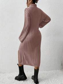 EURMUSE Turtle Neck Drop Shoulder Sleeve Knit Sweater Dress With High Low Hem, Belt Not Included - Coffee Brown - View 2