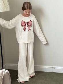 DAZY 冬季少女圆领蝴蝶印花半羊毛宽松睡衣 - 米色 - 查看 8