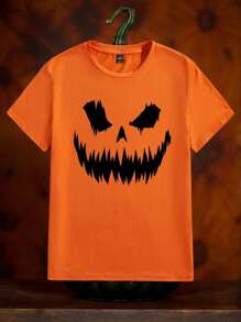 Manfinity Homme Halloween Kürbis Gesicht Silhouette Muster Lässig Herren Regular Fit Kurzarm T-Shirt, Orange - Orange - Übersicht 2