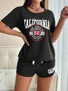 SHEIN 标语印花休闲短袖短裤女式睡衣套装两件套短套装女式休闲短裤套装女式睡衣短裤套装女式睡衣短裤套装睡眠短裤套装 - 黑色 - 查看 3