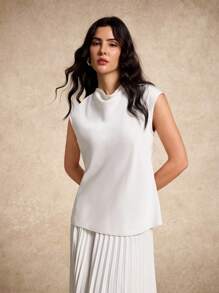 House of One Draped Neck Cap Sleeves Satin Top Women Summer Autumn Elegant Ivory Top Cream Tops For Women White Elegant Top