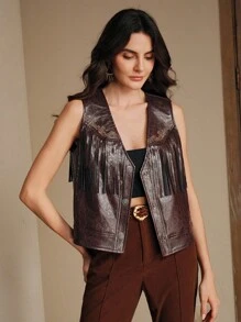 Anewsta Women's Floral Print Fringed PU Leather Single Breasted Vest Jacket - Maroon - View 7