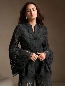 Anewsta 浪漫优雅镂空玫瑰花喇叭袖V领女式夹克 - 黑色 - 查看 11