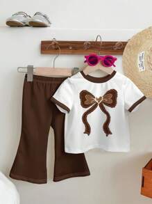 SHEIN 2pcs/Set Girls Casual Cartoon Pattern Round Neck Short Sleeve Top And Flare Pants Summer Outfit