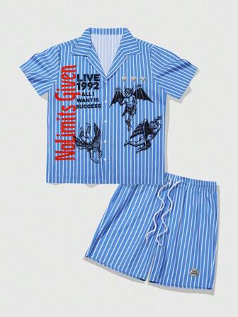 Street Life Conjunto de 2 piezas de camisa y pantalones cortos casuales de verano para hombres con estampado de ángel a rayas