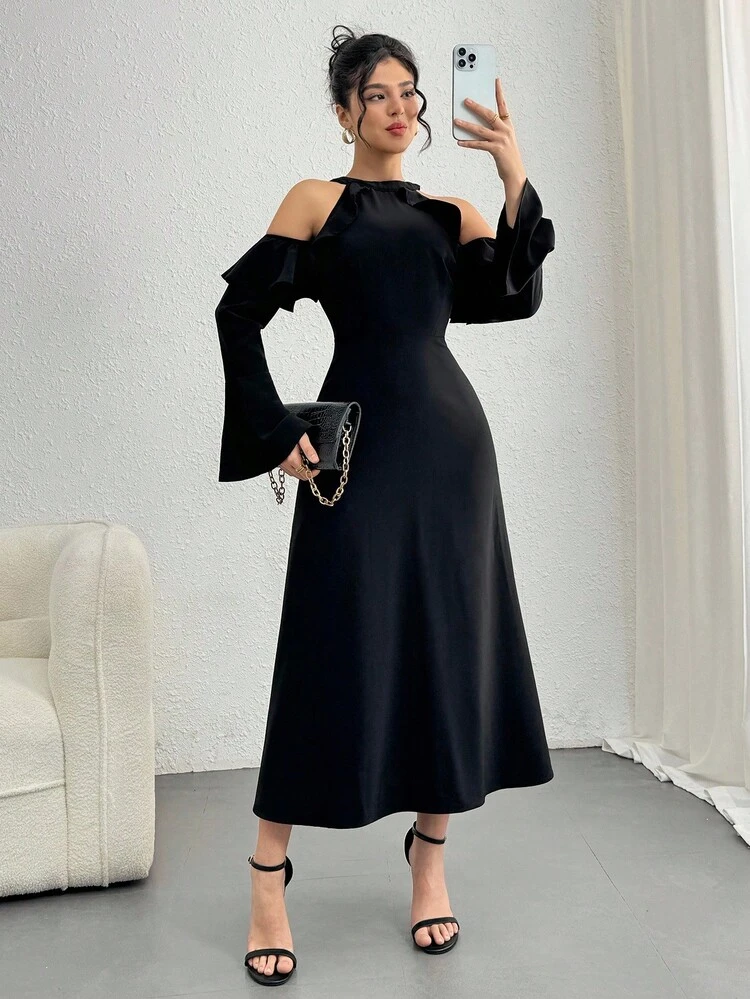 Women's Solid Color Off-Shoulder Ruffle Hem Mid-Length Dress, Autumn Long Sleeve Dress