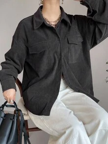 FRIFUL Women's Regular Collar Corduroy Loose Solid Color Chest Pocket Decoration Loose Autumn/Winter Shirt, Fall Womenswear Long Sleeve Top