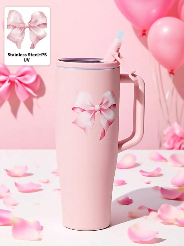 ROMWE Kawaii 1 pieza Botella de agua rosa con lazo lindo, adecuada para el hogar, la oficina o el automóvil, botellas de agua al vacío, taza reutilizable