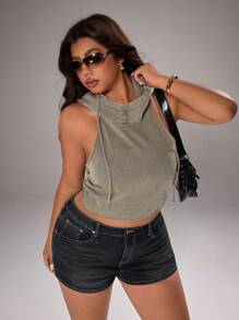 Flirla Casual Fashion Backless Tie-Up Hooded Sleeveless Plus Size Denim Jacket - Army Green - View 4