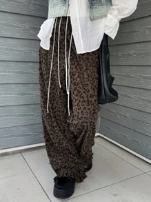 FRIFUL 女款豹纹荷叶边下摆阔腿裤豹纹裤动物纹裤猎豹裤豹纹裤棕色豹纹裤秋季 - 棕色 - 查看 2
