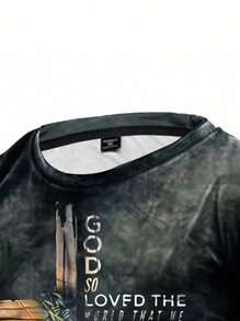 Manfinity LEGND 男式十字架和标语图案印花长袖 T 恤，街头潮流，男友礼物，秋季