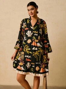 Travachic 大码女式黑色热带植物印花连衣裙，衬衫式V领中袖宽松连衣裙，沙滩短裙 - 黑色 - 查看 5