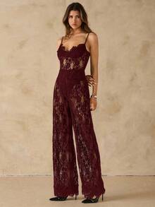 SHEIN BAE Bộ đồ liền thân ren mỏng không tay, màu đen, gợi cảm, thanh lịch, thích hợp mặc hàng ngày, hẹn hò, đi chơi, tiệc tùng, trang phục đi chơi, bộ đồ liền thân ống bất đối xứng, bộ đồ liền thân ống rộng, bộ đồ liền thân ngày lễ tình nhân, bộ đồ liền thân hàng ngày, bộ đồ liền thân duyên dáng - Màu Đỏ Sâu - Xem 3