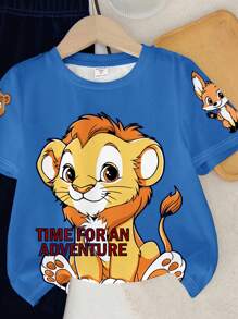 SHEIN Baby Boys' Casual Cartoon Lion Print Round Neck Short Sleeve Top And Pants Set