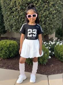2pcs Young Girl Knitted Numeric Pattern V-Neck T-Shirt And Ruffle Hem Skirt Set - Blue - View 1