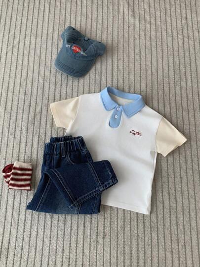 Hapijoa 幼儿男童拼色领印花短袖 Polo 衫，秋季服装