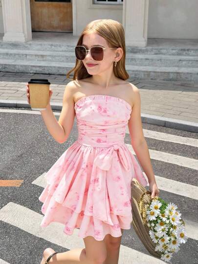 SHEIN 少女法式优雅花卉荷叶边蝴蝶结多层蛋糕裙腰带优雅连衣裙，法式童话风格，公主裙，适合生日派对、毕业舞会、情人节、派对