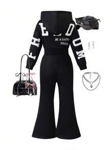 SHEIN Young Girls Letter Print Hooded Flare Jumpsuit One Piece Outfit Full Set Outfit Hooded Jumpsuit Black Jumpsuit Fall Winter