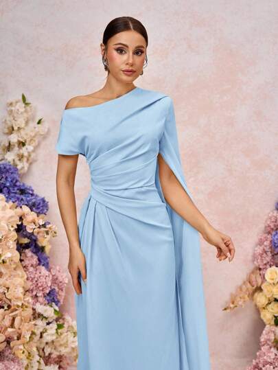 SHEIN Belle Elegant Asymmetric Sleeve Ruffle Hem Long Sleeve Dress, Suitable For Wedding, Formal Events, Dates, Bridesmaid