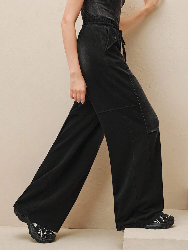 レディース オータム サンドウォッシュ ドローストリング カジュアル ルーズ ストレートレッグ ブラック スウェットパンツ