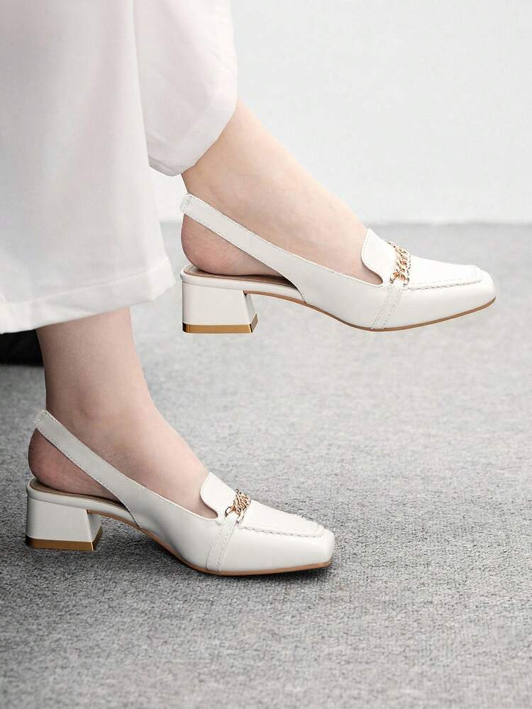 CUCCOO BIZCHIC Women's Shiny White Chain Decor Backstrap Flat Square Toe Slingback Pumps, Suitable For Commuting, Date, Party, Holiday For Christmas Spring Shoes