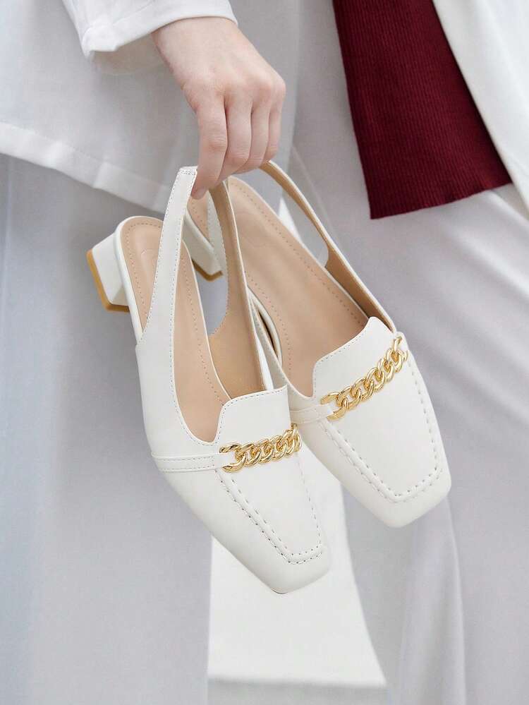CUCCOO BIZCHIC Women's Shiny White Chain Decor Backstrap Flat Square Toe Slingback Pumps, Suitable For Commuting, Date, Party, Holiday For Christmas Spring Shoes