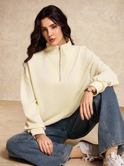 House of One Zip-Up Front Mock Neck Plain Casual Sweatshirt Women Autumn Winter Pullover For Women